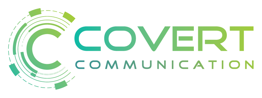 Covert Communication logo with a green circular design on the left and the company name in gradient green and blue text.