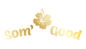 Logo of Som' Good featuring a hibiscus flower and the text 'Som' Good' in a gold gradient.