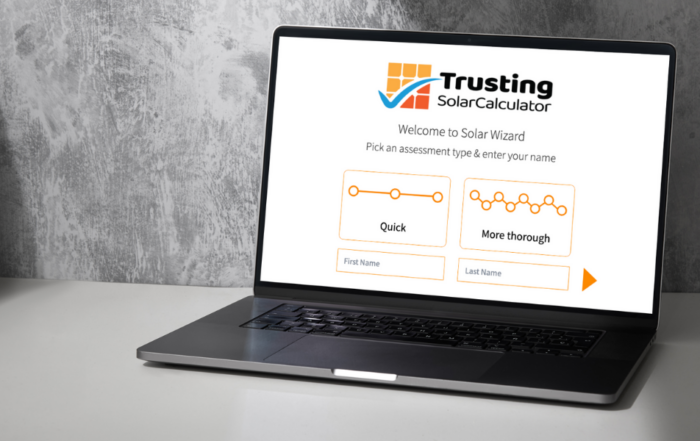 A laptop displaying the Trusting SolarCalculator website with options for quick or thorough solar assessments.