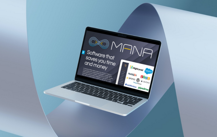 A laptop displaying MANA software with logos of various integrated platforms, emphasizing time and cost savings.