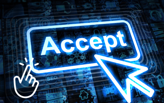 A glowing "Accept" button on a digital interface, highlighted by a hand cursor and arrow cursor, symbolizing agreement or consent.