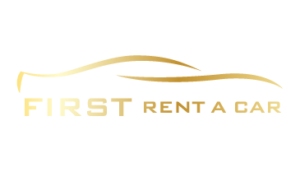 Logo of First Rent A Car featuring a stylized outline of a car and the text 'FIRST RENT A CAR' in a gold gradient.