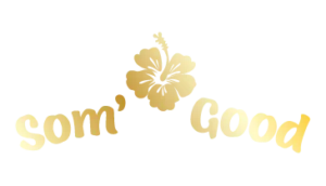 Logo of Som' Good featuring a hibiscus flower and the text 'Som' Good' in a gold gradient.