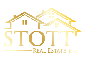 Logo of Stott Real Estate, Inc. featuring two stylized houses and the text 'STOTT Real Estate, Inc.' in a gold gradient.
