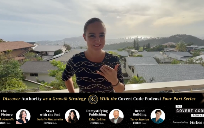 Anna Covert promoting the Authority as a Growth Strategy four-part podcast series with Forbes Books and The Covert Code Podcast, featuring the Honolulu skyline in the background.